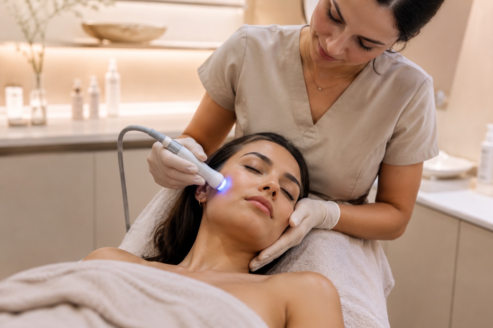 Aesthetic provider performing a facial treatment on a patient