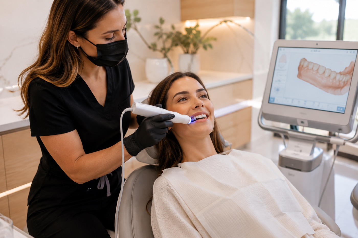 Dental hygienist showing a patient her digital scan results