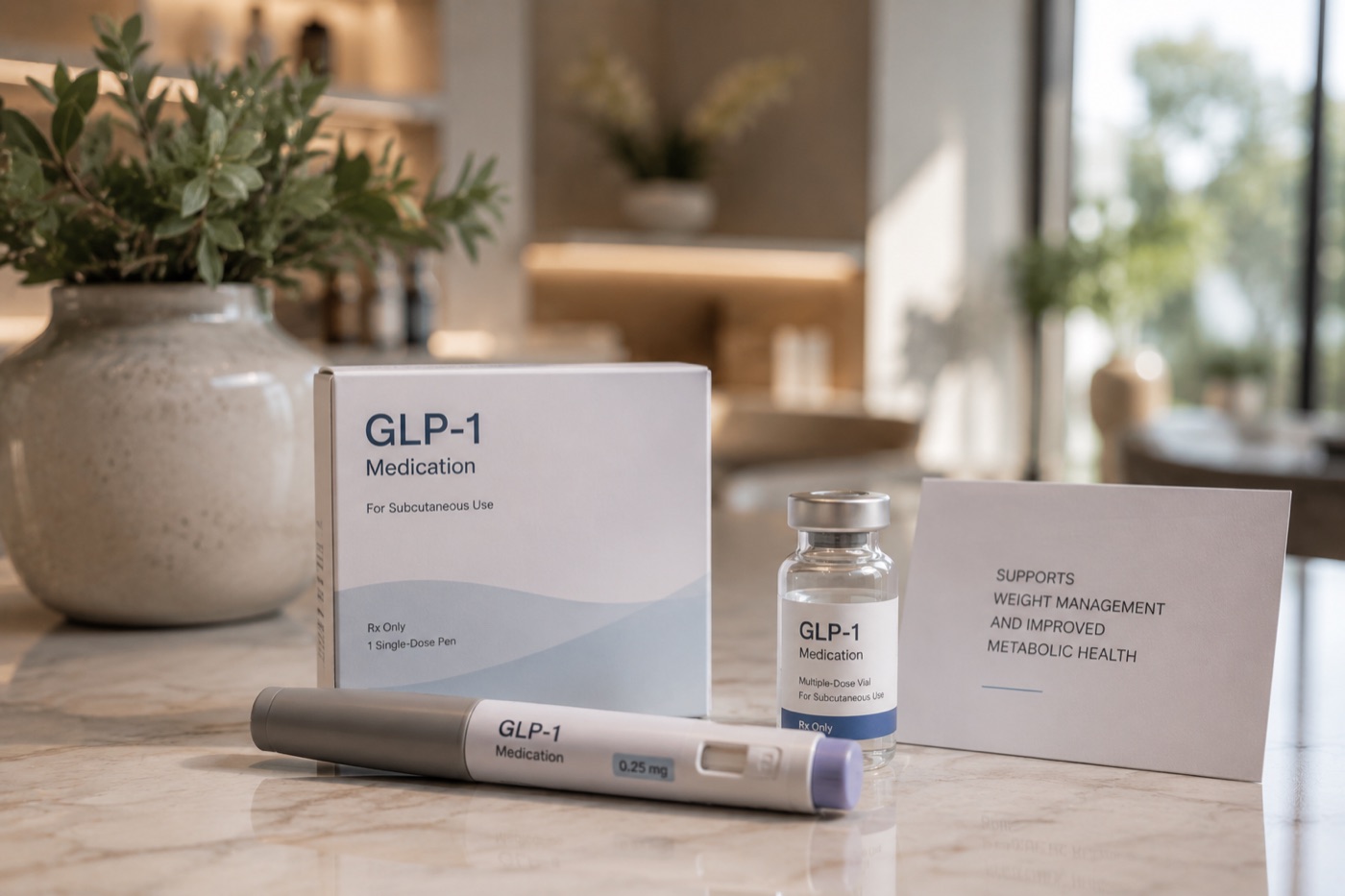 GLP-1 weight loss medication packaging and injection pen