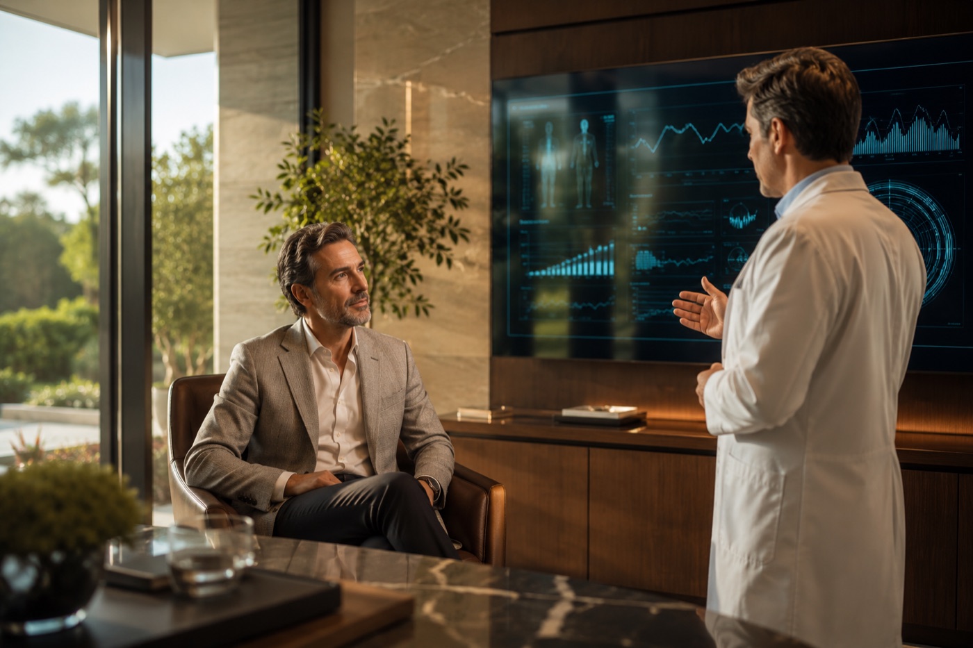 Longevity physician reviewing a patient's biomarker dashboard